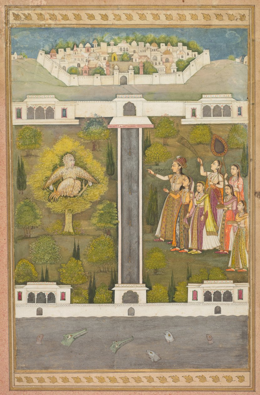 Mahliqa, datter av keiseren av Kina, peker på fuglemannen Khwaja Mubarak..., ca. 1710. av Unbekannt
