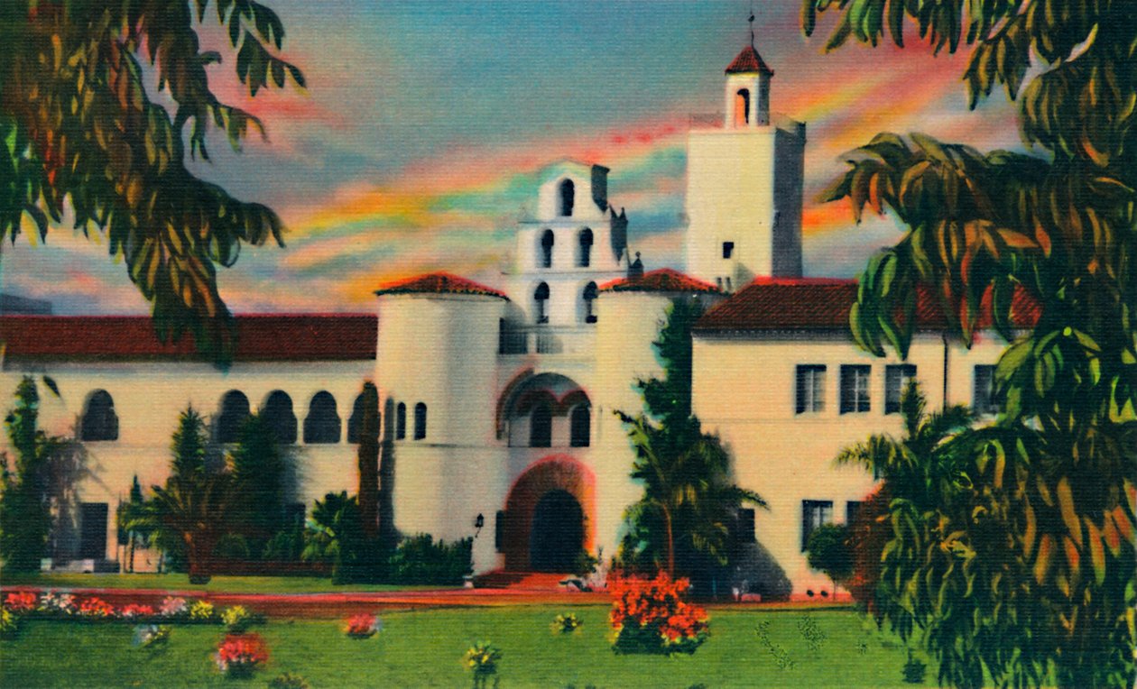 Hovedinngang. Administrasjonsbygningen, Statens høyskole. San Diego, California, c1941 av Unbekannt
