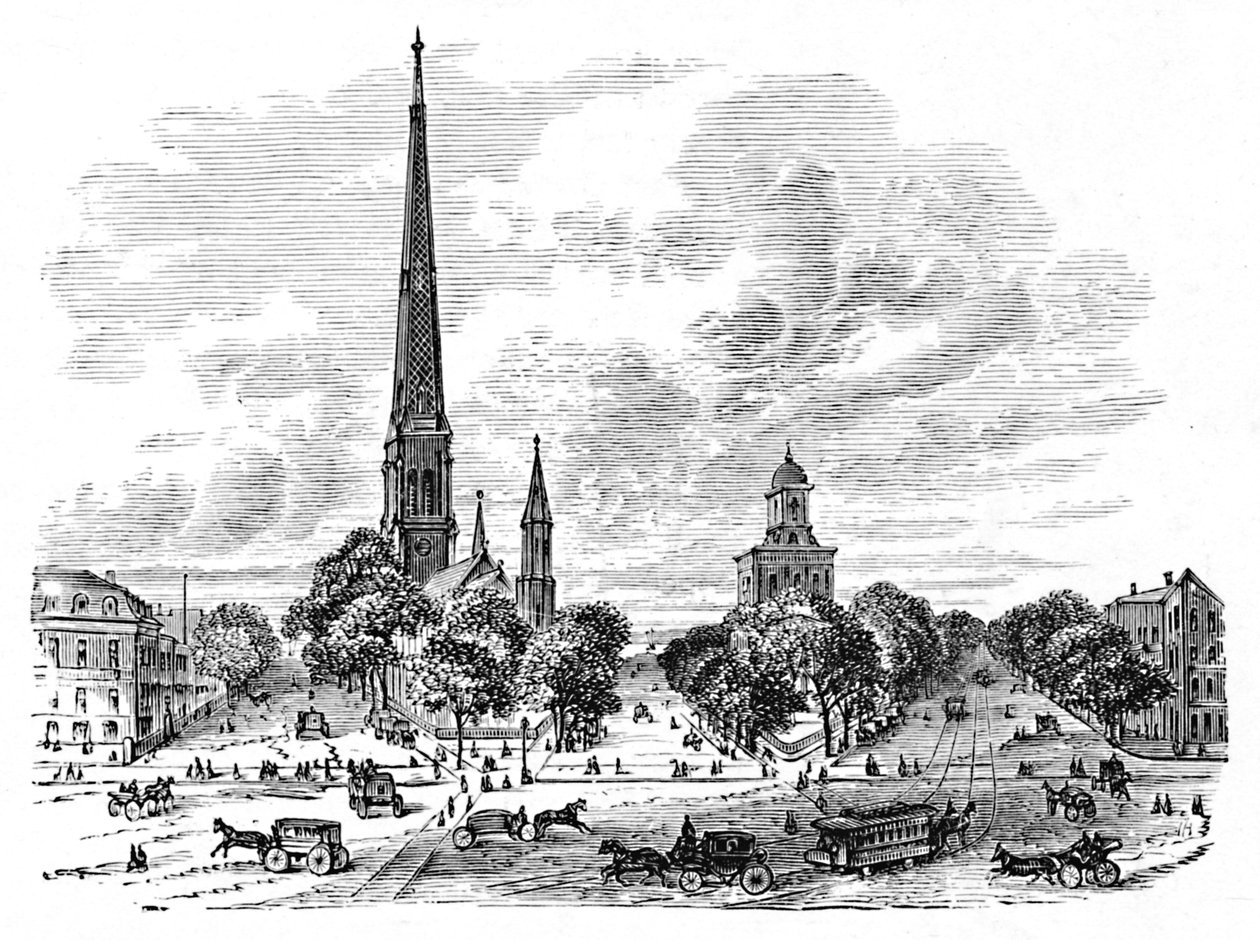 Main Street, Buffalo, overfor kirkene, 1883 av Unbekannt