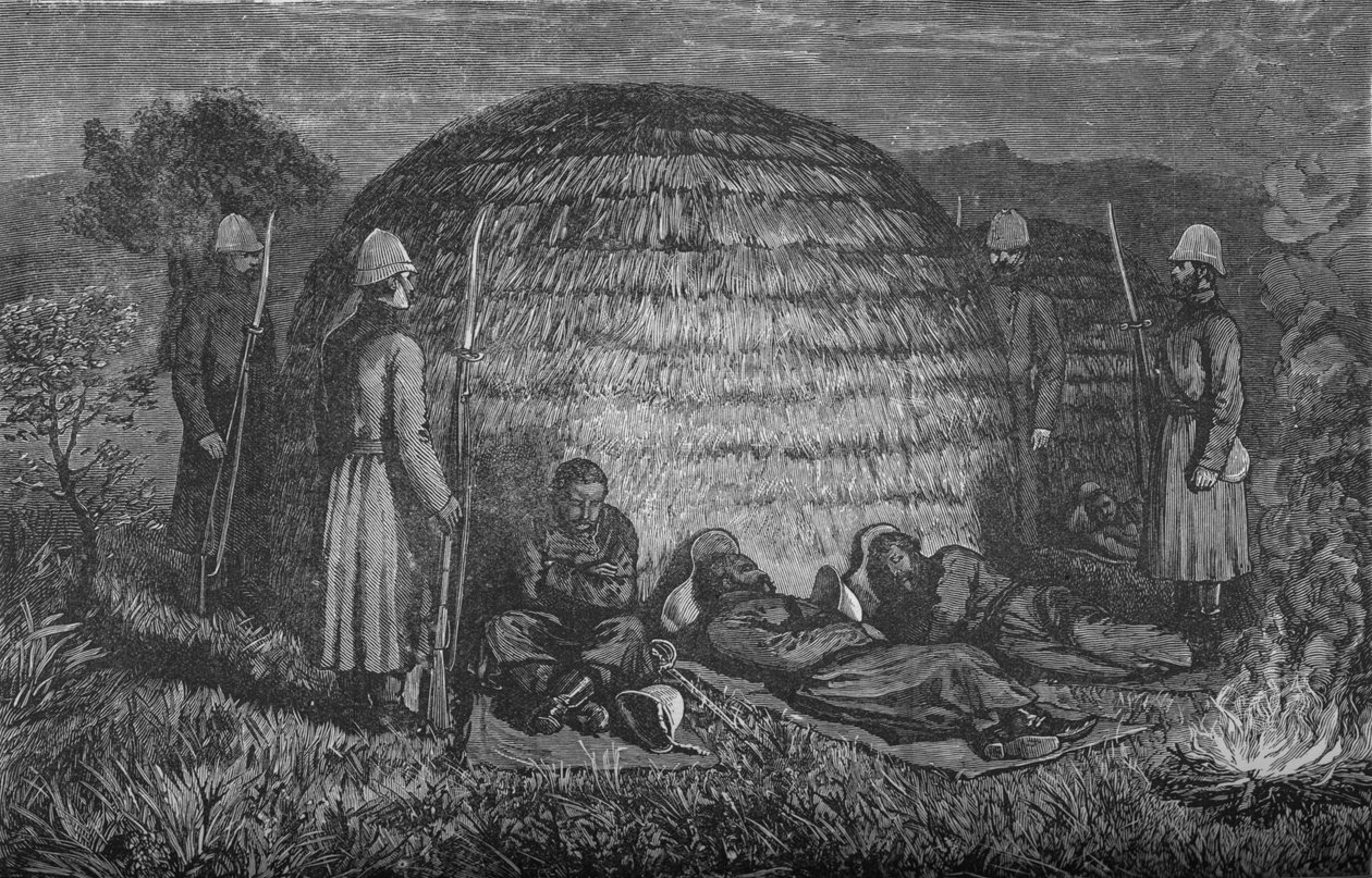 Major Marter og hans menn som vokter Cetewayo i den opprinnelige Kraal, ca 1880 av Unbekannt