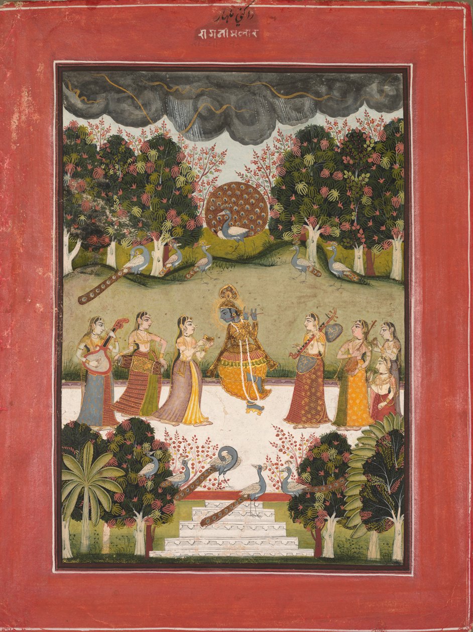 Malar Ragini: Krishna spiller fløyte til Seven Gopis som holder musikkinstrumenter..., ca. 1760. av Unbekannt
