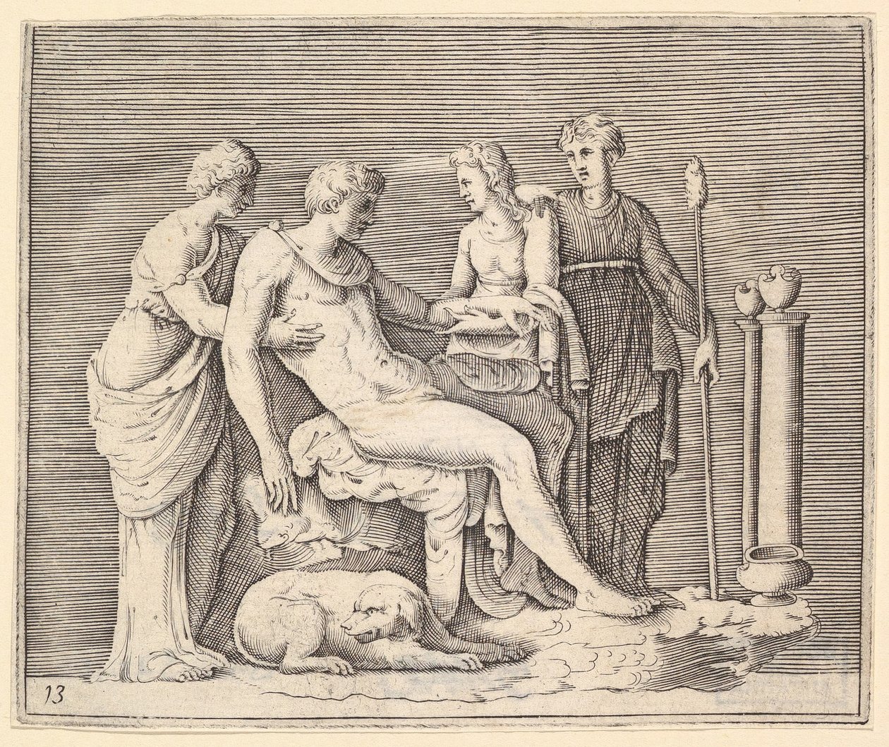 Man Attended by Three Women, publisert ca. 1599-1622. av Unbekannt