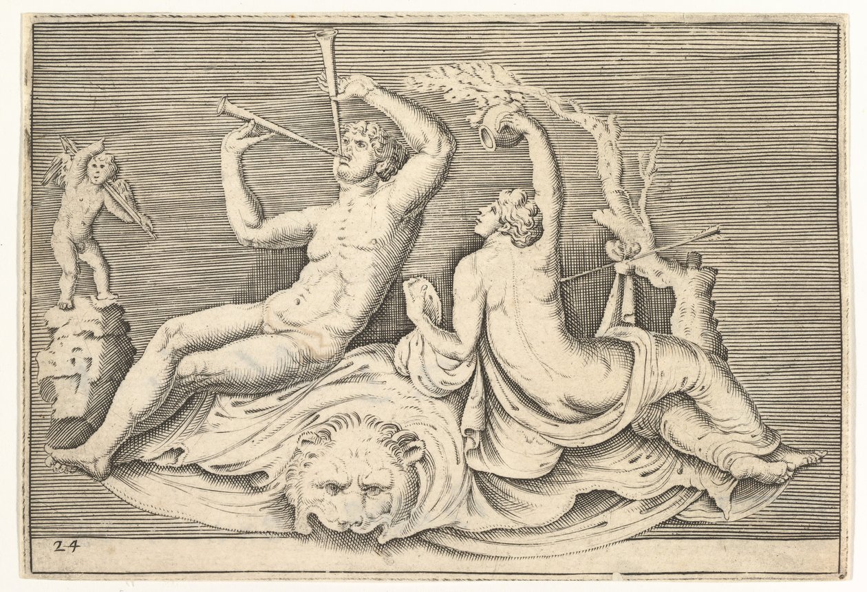 Mann som spiller to fløyter og kvinne på løveskinn, utgitt ca. 1599-1622. av Unbekannt