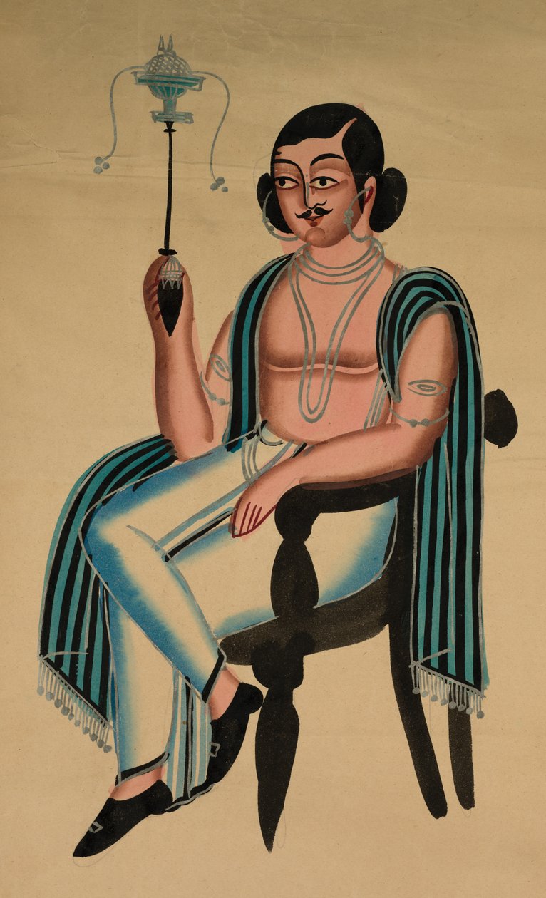 Mann som sitter i en europeisk stol og røyker en Margila-pipe, ca. 1880. av Unbekannt