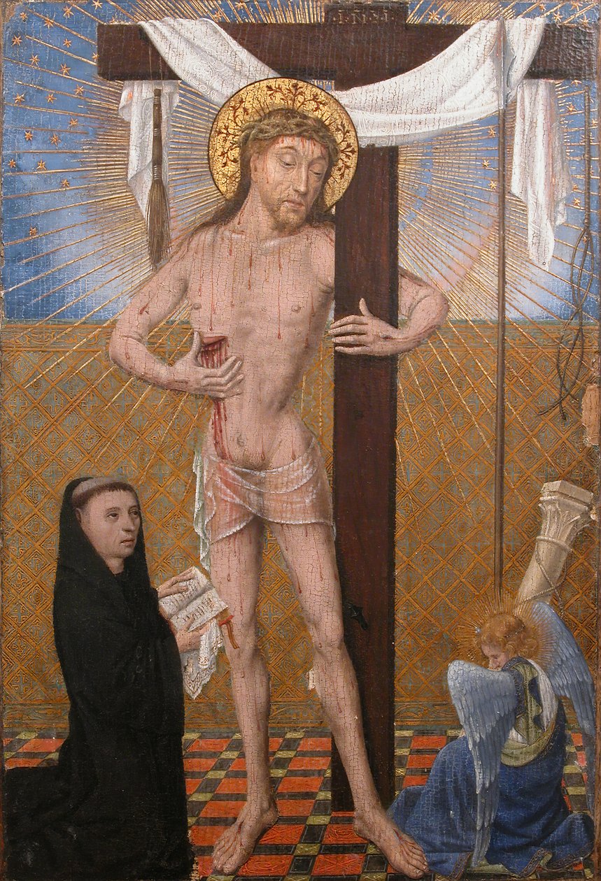 Man of Sorrows med knelende donor, fjerde kvartal 1400-tallet med moderne tillegg. av Unbekannt