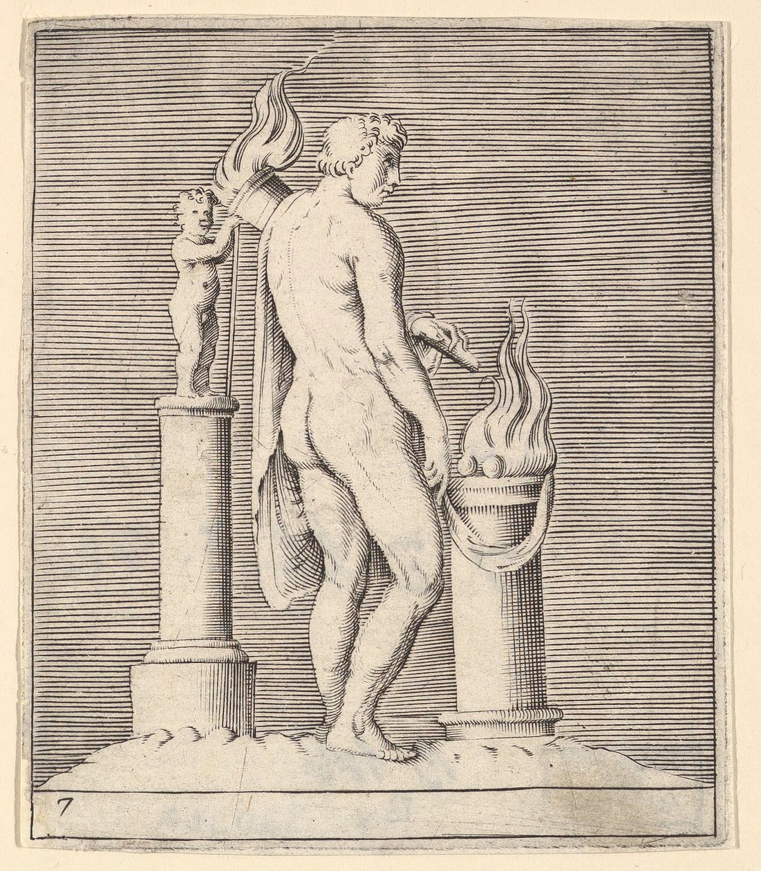 Mann med fakkel mellom flammende alter og statuett, utgitt ca. 1599-1622. av Unbekannt