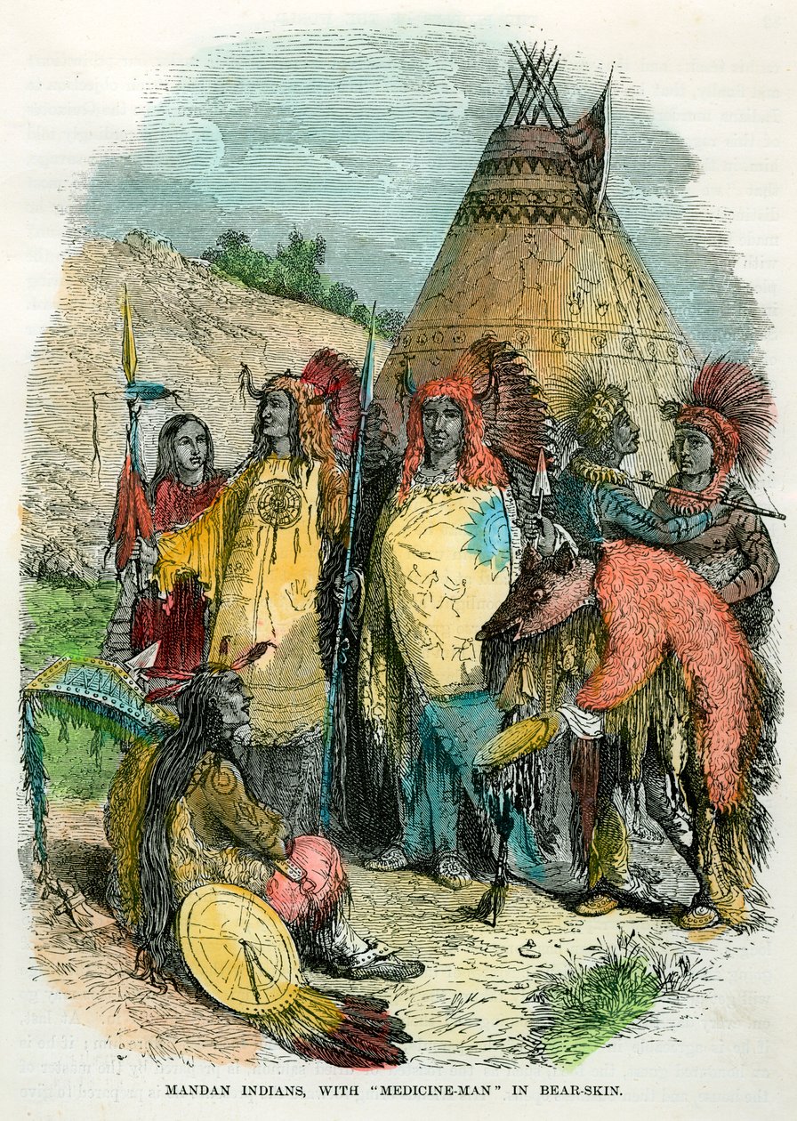 Mandan-indianere, med medisinmann i bjørneskinn, c1875 av Unbekannt