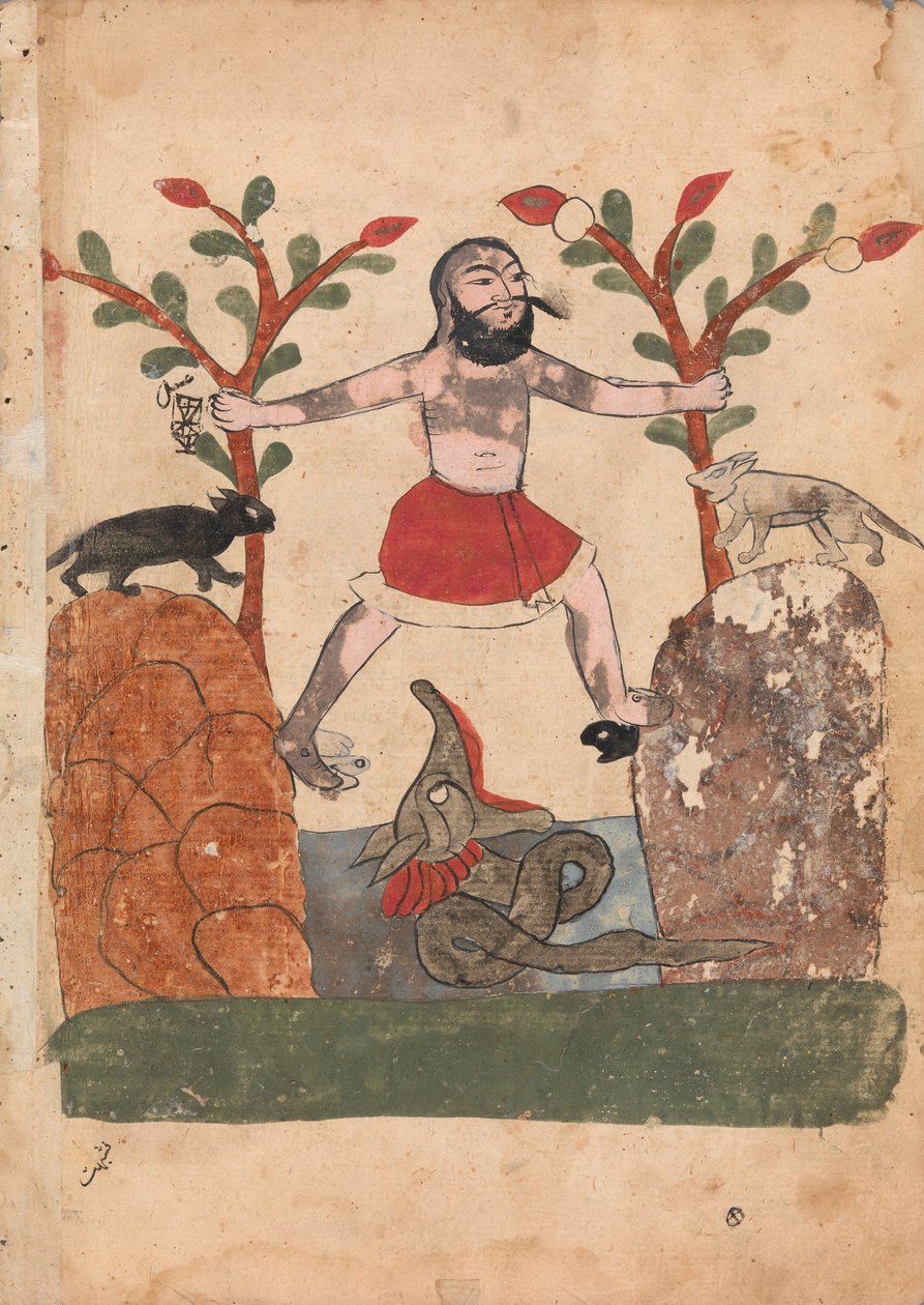 Menneskets skjebne eller mannen som søker tilflukt i en brønn bebodd av en drage, Folio..., 1700-tallet. av Unbekannt