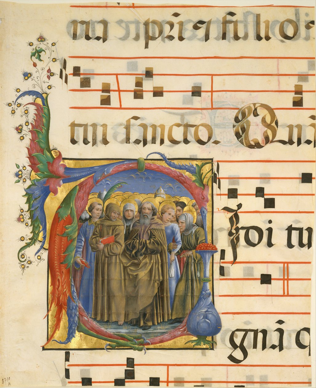 Manuskriptbelysning med alle hellige i en innledende V, fra en Antiphonary, italiensk, 1450-60. av Unbekannt