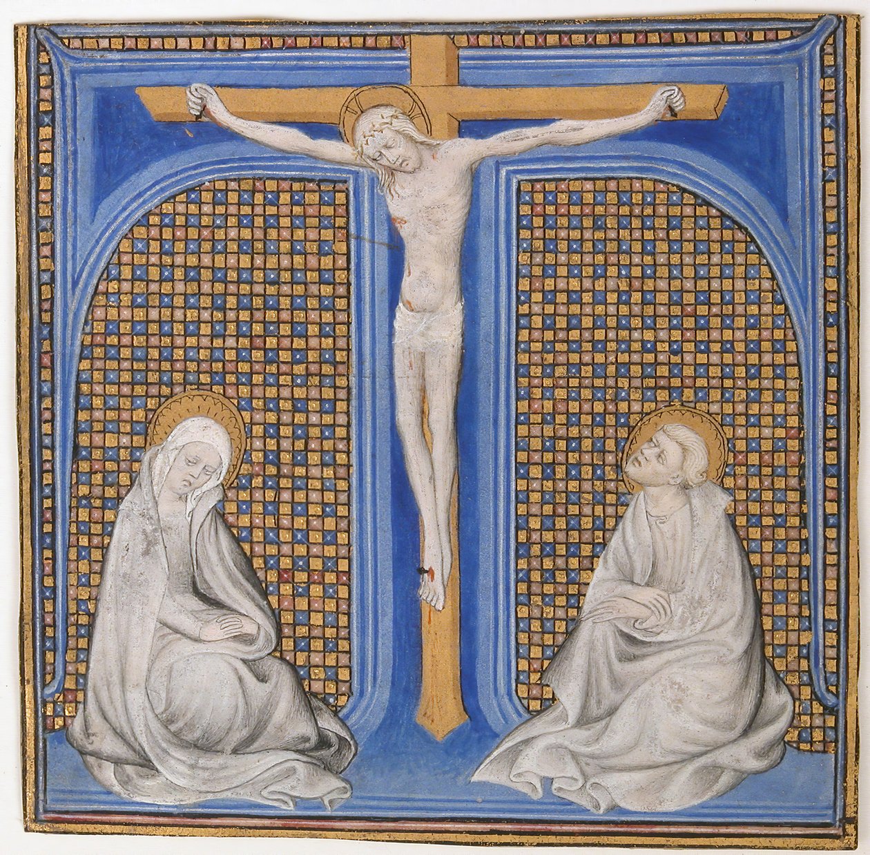 Manuskriptbelysning med korsfestelse i en innledende T, fra et missal, ca. 1400. av Unbekannt