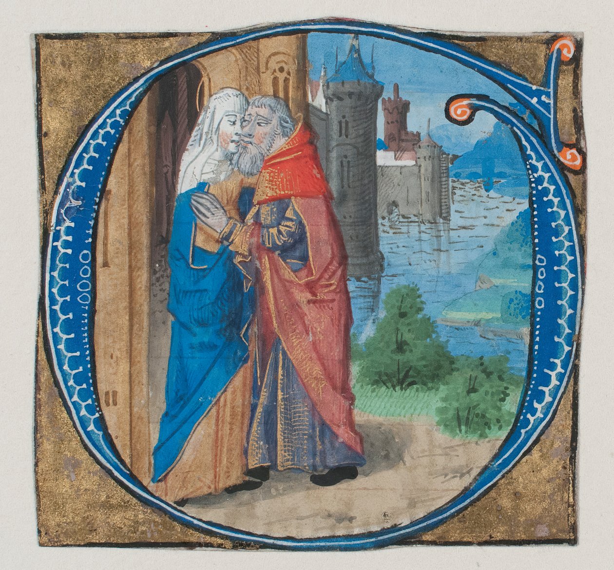 Manuskriptbelysning med Joachim og Anna i en innledende G med Joachim og Anna..., 1400-tallet av Unbekannt