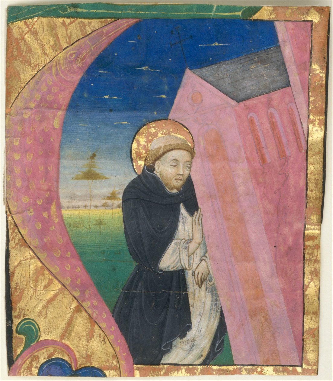 Manuskriptbelysning med Saint Dominic Saving the Church of Saint John ... midten av 1400-tallet. av Unbekannt