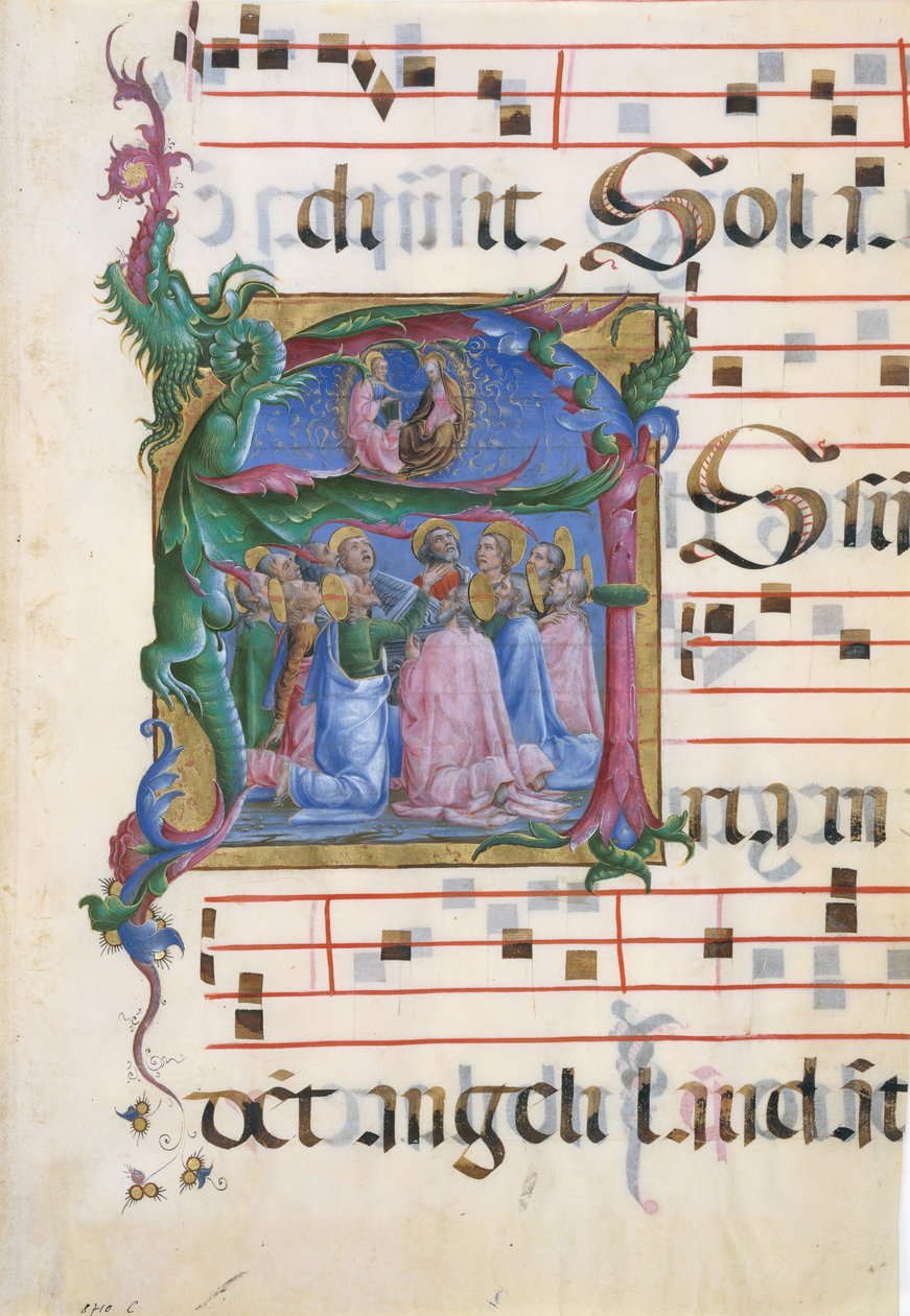 Manuskriptbelysning med jomfruens antagelse i en innledende A..., italiensk, 1450-60. av Unbekannt