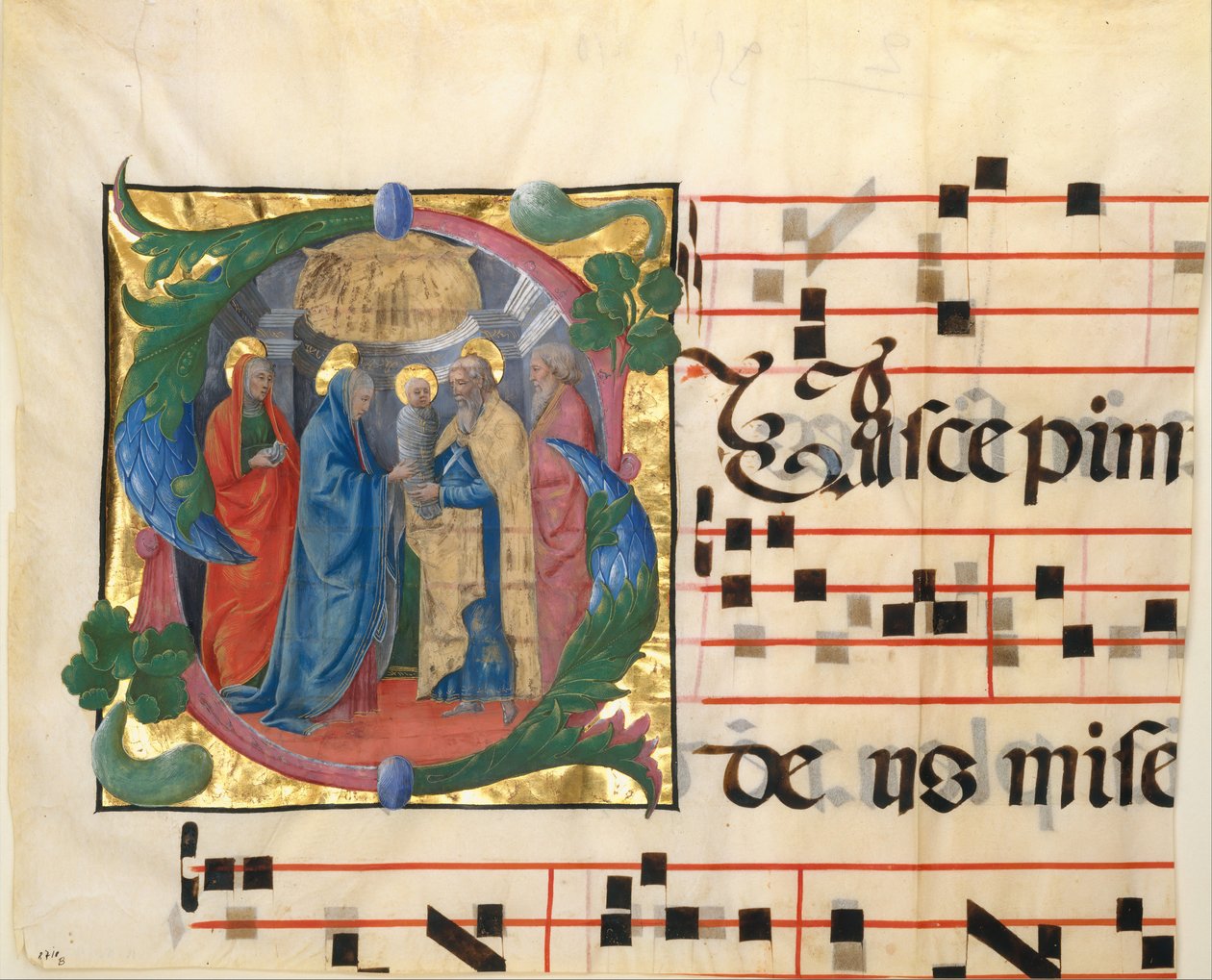 Manuskriptbelysning med presentasjonen i tempelet i en innledende S, fra en Gradual, 1450-60. av Unbekannt