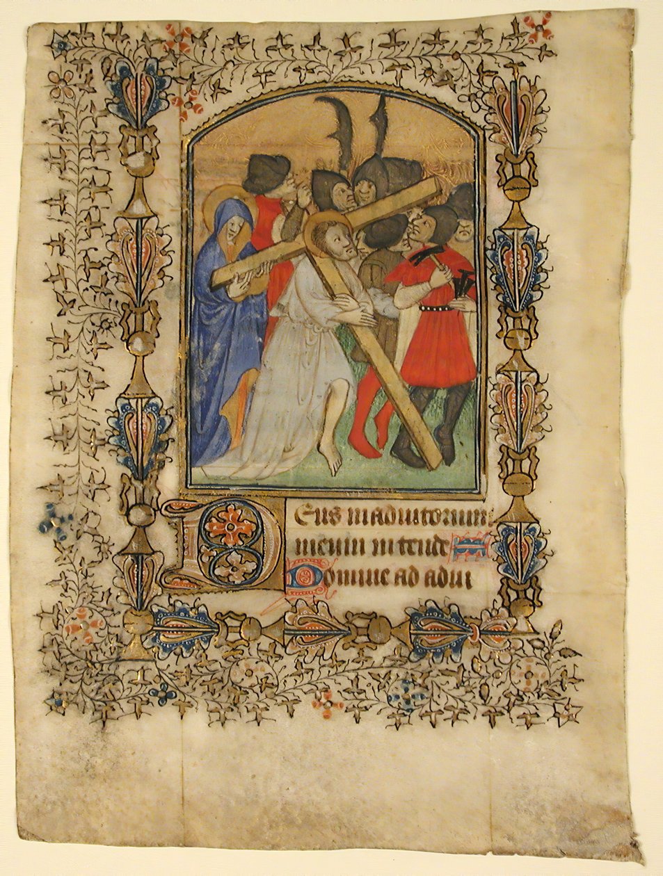 Manuskriptblad fra en timebok... Opplyst initial D og Kristus som bærer korset, 1390-140 av Unbekannt