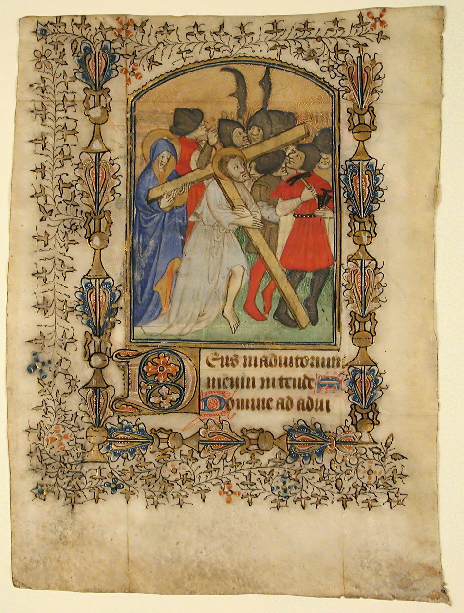 Manuskriptblad fra en timebok som viser en opplyst initial D og Kristus..., 1390-1400. av Unbekannt