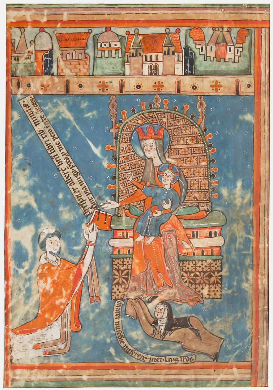 Manuskriptblad med dedikasjon av en bok til jomfruen, ca. 1400. av Unbekannt