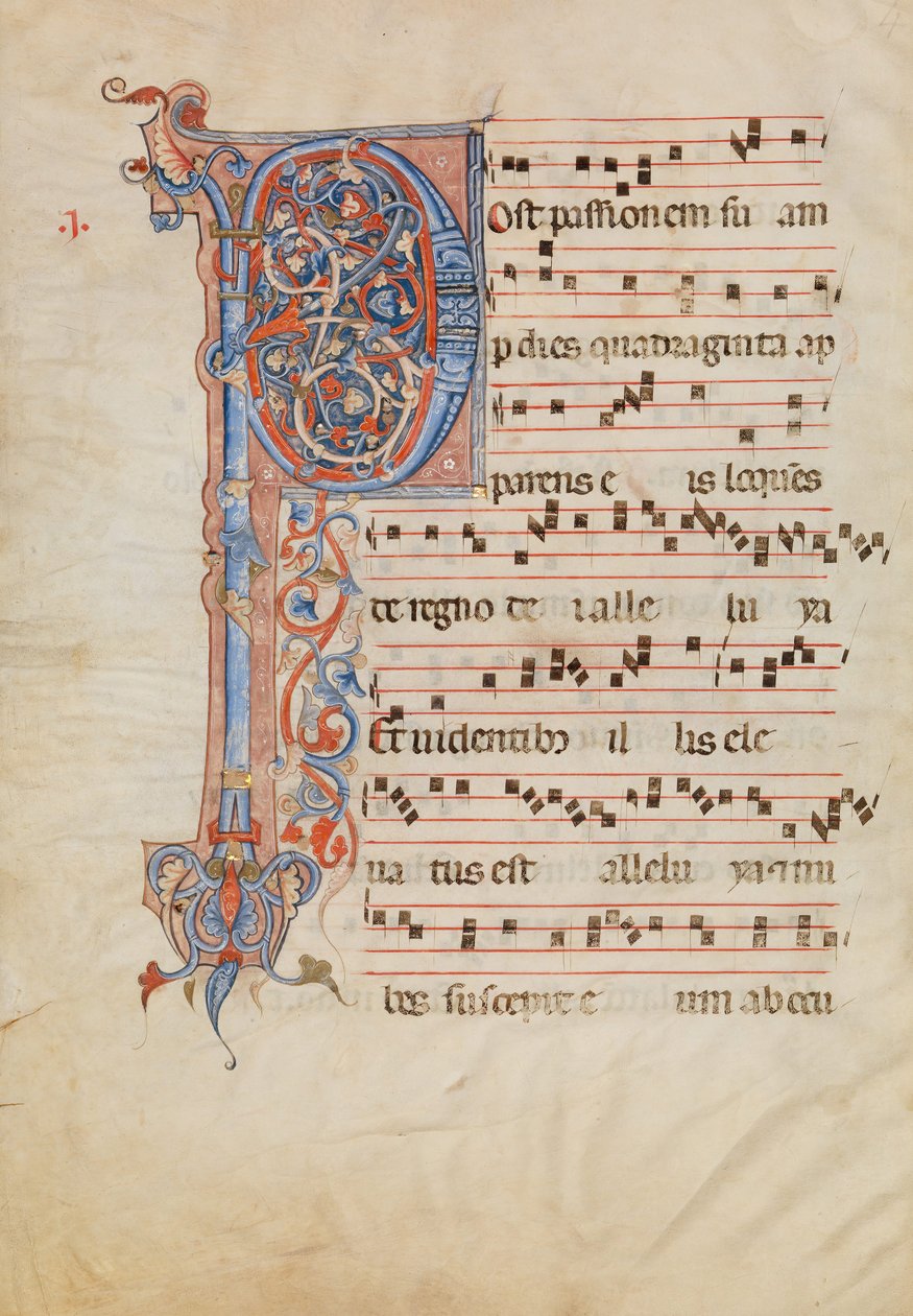 Manuskriptblad med foliated initial P, fra en Antiphonary, italiensk, ca. 1250-60. av Unbekannt