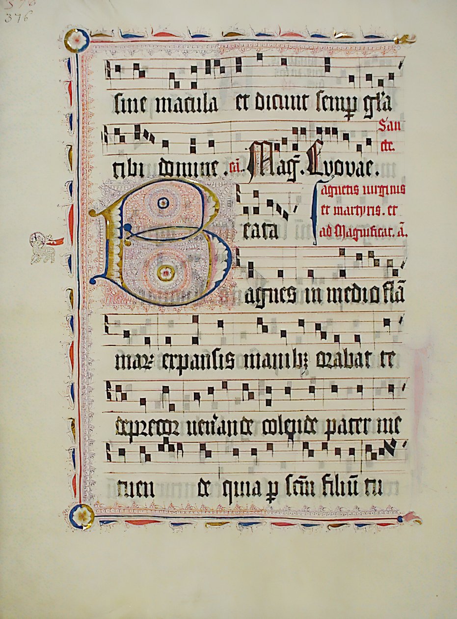 Manuskriptblad med initial B, fra et antifonarium, tysk, andre kvartal 1400-tallet. av Unbekannt