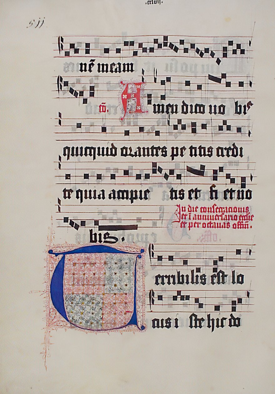 Manuskriptblad med initial T, fra et gradvis, tysk, andre kvartal 1400-tallet. av Unbekannt