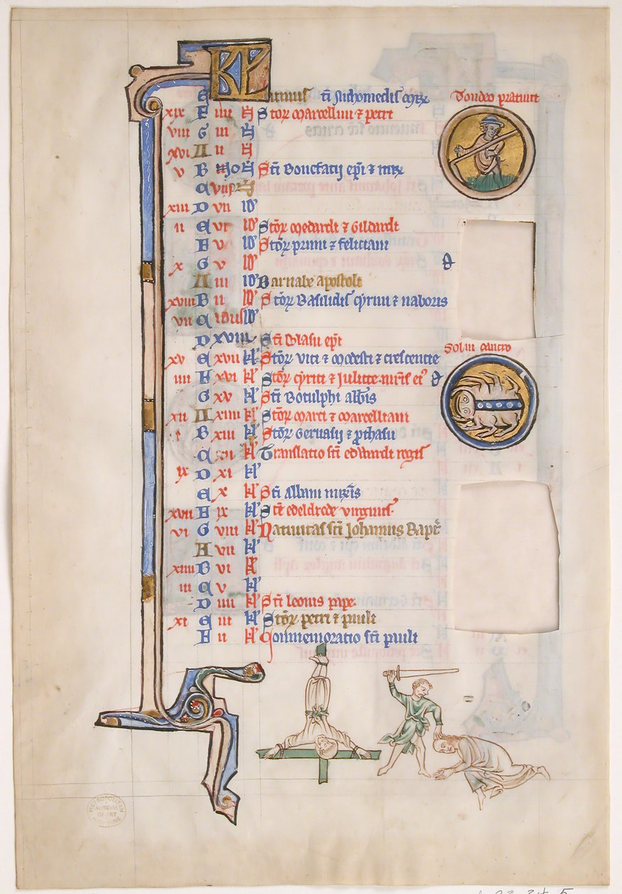 Manuskriptblad med junikalender, fra en kongelig psalter, 1200-tallet. av Unbekannt