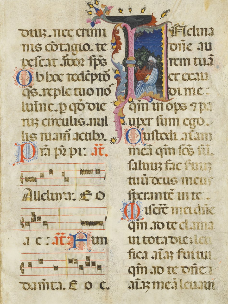 Manuskriptblad med kong David i en innledende I, fra en Psalter, tidlig på 1400-tallet. av Unbekannt