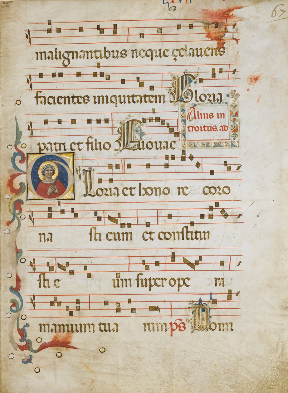 Manuskriptblad med en kvinnelig helgen muligens Dorothy i en initial G, fra en Gradual, ca. 1330-40. av Unbekannt