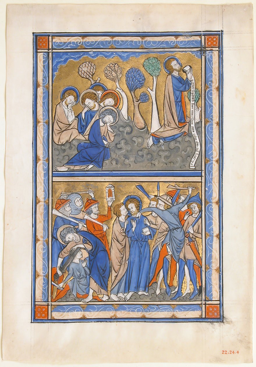 Manuskriptblad med lidelsen i hagen og Kristi svik, fra en kongelig salmer, ca. 1270. av Unbekannt