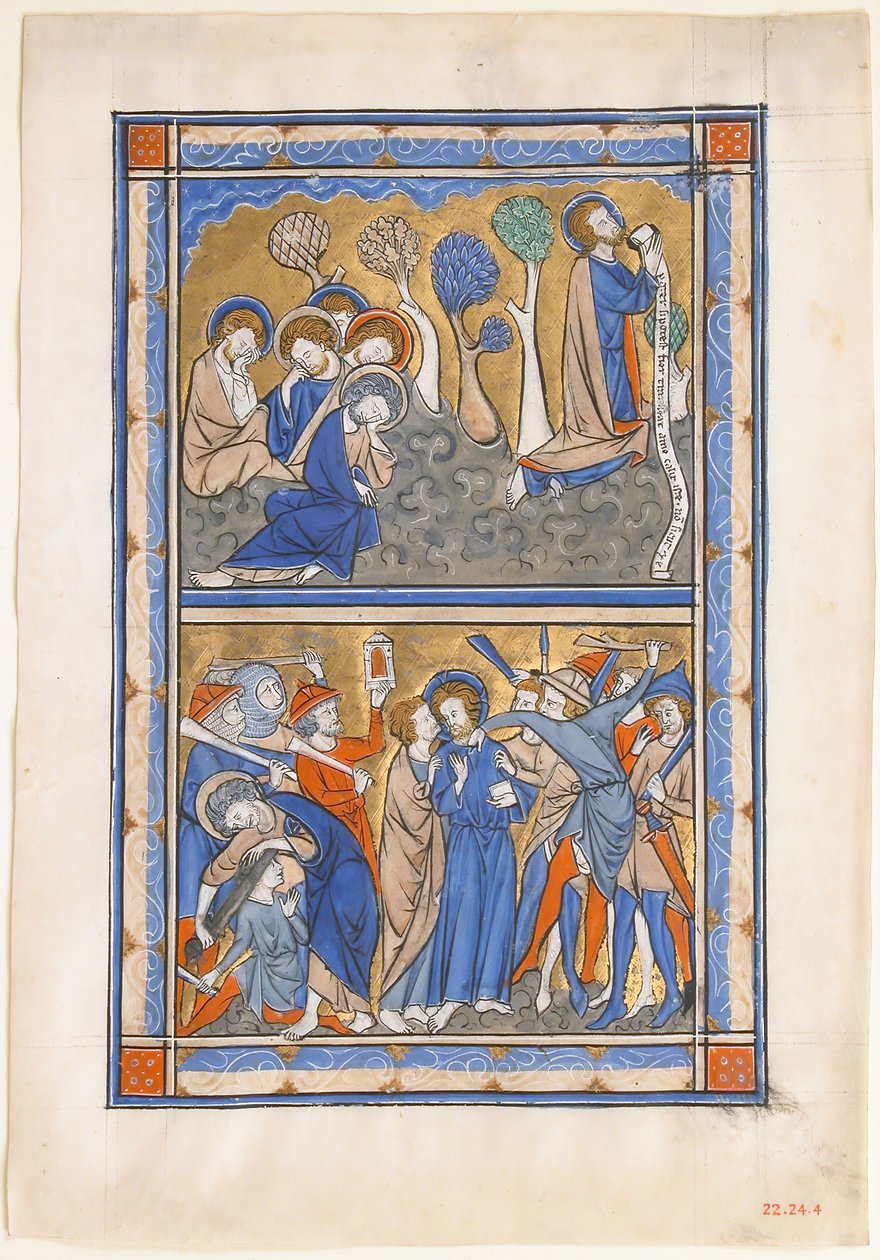 Manuskriptblad med lidelsen i hagen og Kristi svik, fra en kongelig salmer, ca. 1270. av Unbekannt