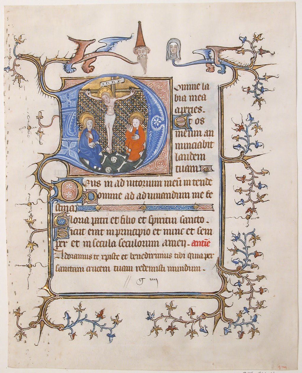 Manuskriptblad med korsfestelsen i en initial D, fra en timebok, ca. 1350. av Unbekannt