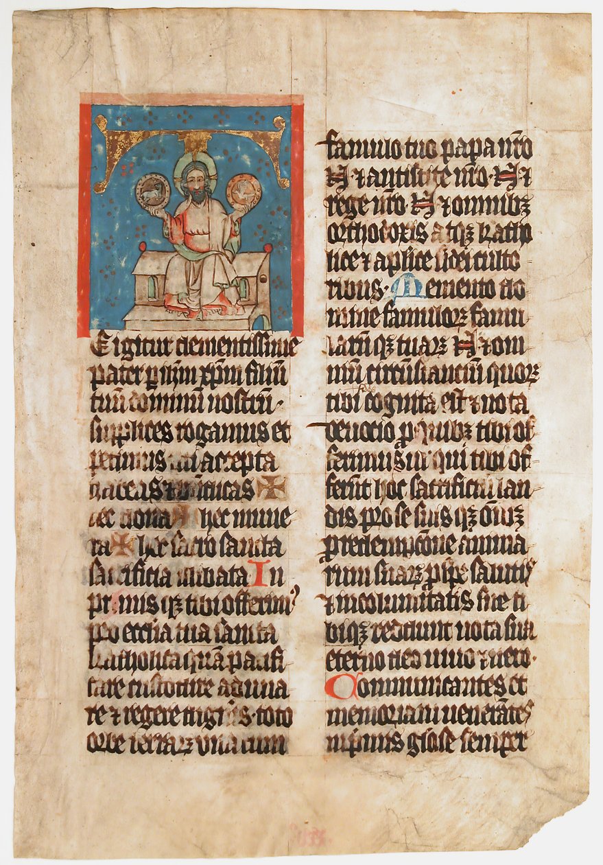 Manuskriptblad med den hellige treenighet i en innledende T, fra et missal, ca. 1390. av Unbekannt