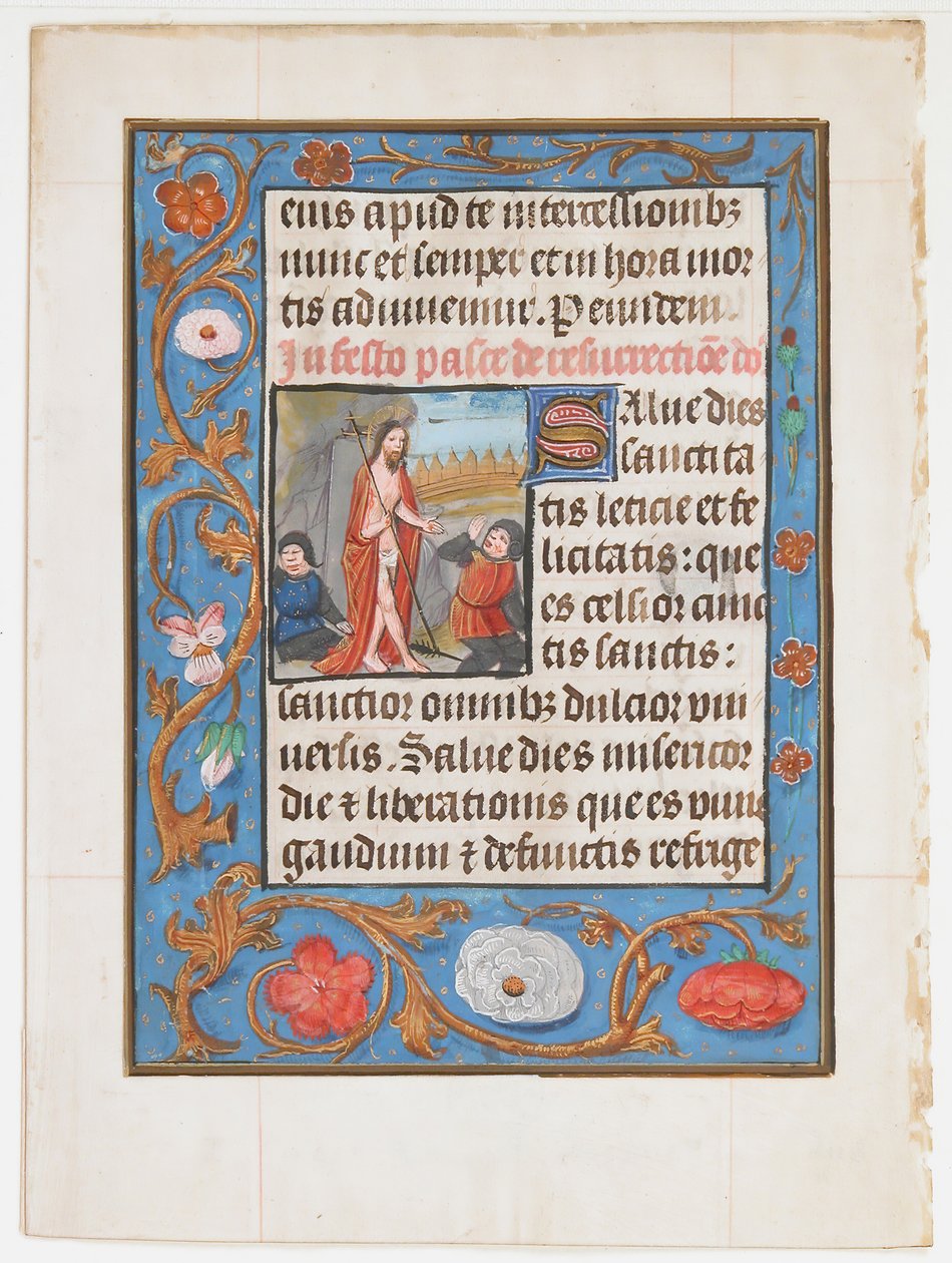 Manuskriptblad med oppstandelsen, fra en timebok, ca. 1500. av Unbekannt