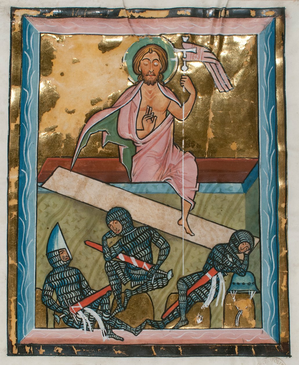 Manuskriptblad med oppstandelsen, fra en psalter, midten av 1200-tallet. av Unbekannt