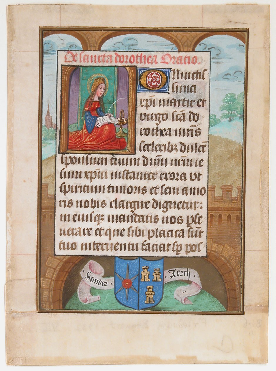 Manuskriptblad med Saint Dorothy, fra en timebok, ca. 1500. av Unbekannt