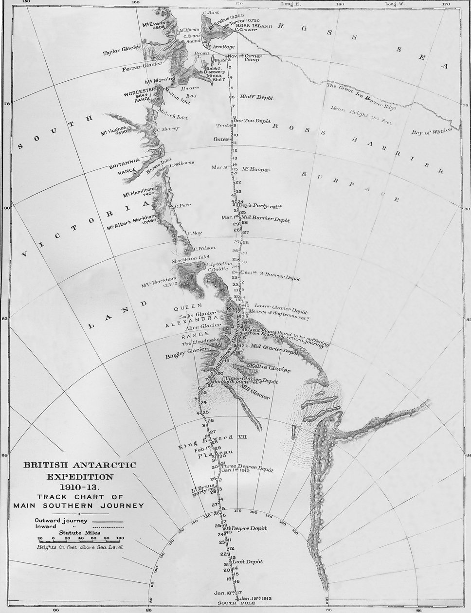 Kart - Britisk Antarktisekspedisjon 1910-13. Sporoversikt over Main Southern Journey, 1913 av Unbekannt