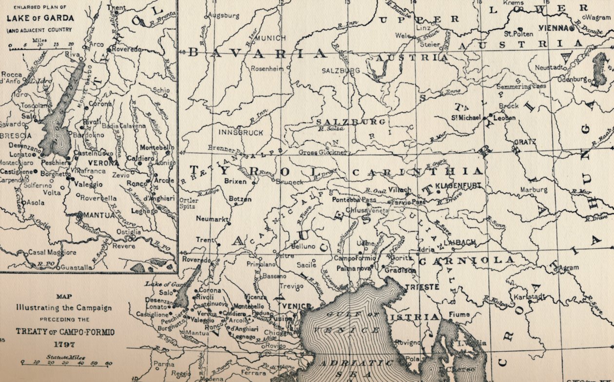 Kart som illustrerer kampanjen før Campo-Formio-traktaten, 1797, 1896 av Unbekannt