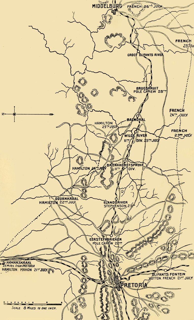 Kart som illustrerer flyttingen østover fra Eerstefabrieken til Middelburg, 1901. av Unbekannt