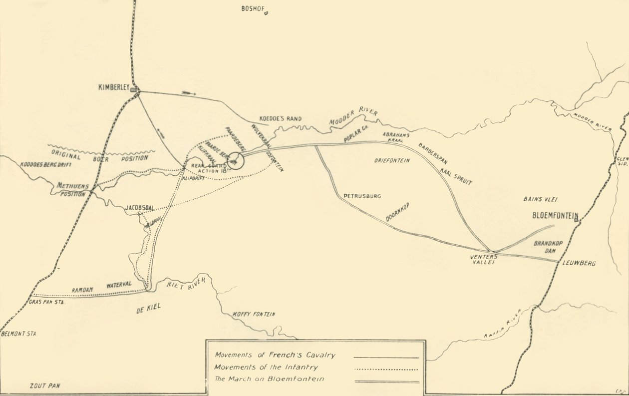 Kart som illustrerer bevegelsene for lindring av Kimberley og fangsten av Bloemfontein, 1901. av Unbekannt