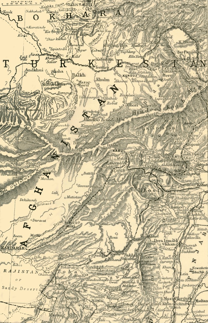 Kart som indikerer general Robertss rute til Kabul...og de britiske og russiske grensene, 1901. av Unbekannt