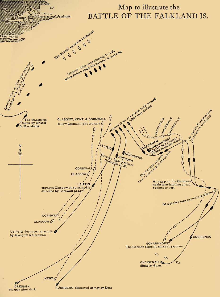Kart som illustrerer slaget ved Falklandsøyene 8. desember 1914, c1920. av Unbekannt