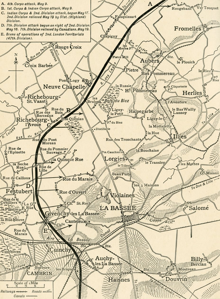 Kart som illustrerer operasjonene til den første hæren..., første verdenskrig, 1915, c1920. av Unbekannt