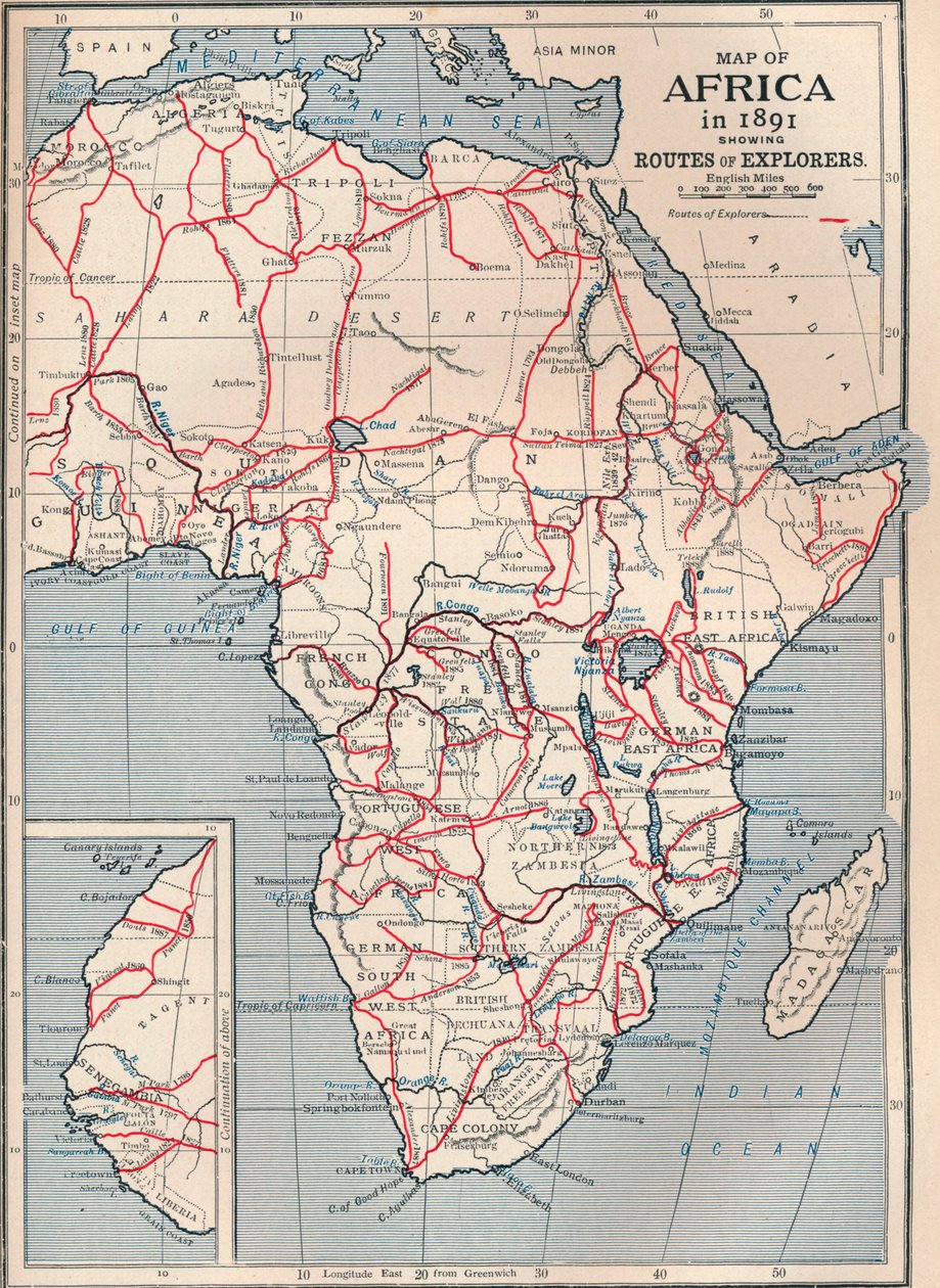 Kart over Afrika i 1891 som viser ruter for oppdagere, 1906 av Unbekannt