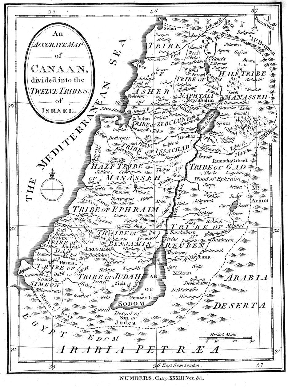 Kart over Kanaan delt inn i Israels tolv stammer, ca 1830 av Unbekannt