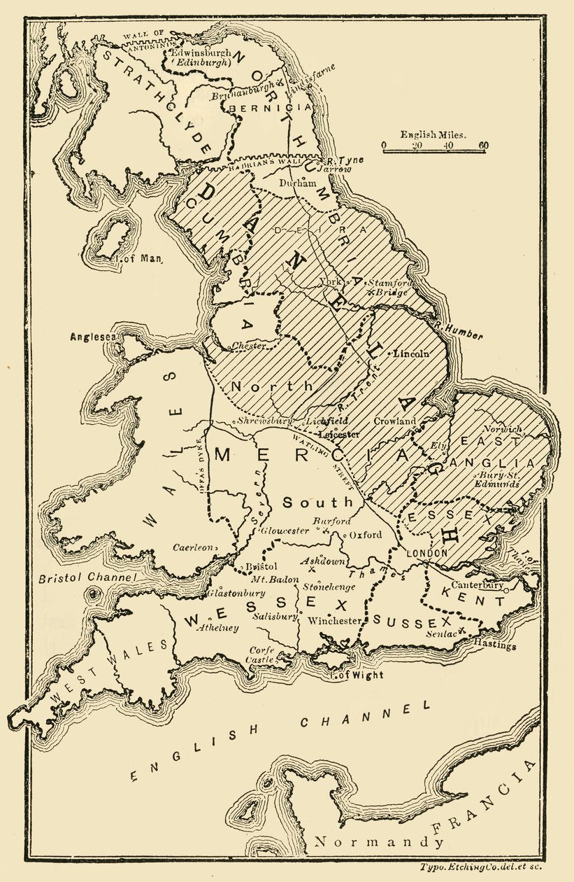 Kart over England, Viser angelsaksiske kongedømmer og danske distrikter, c9. århundre, 189 av Unbekannt
