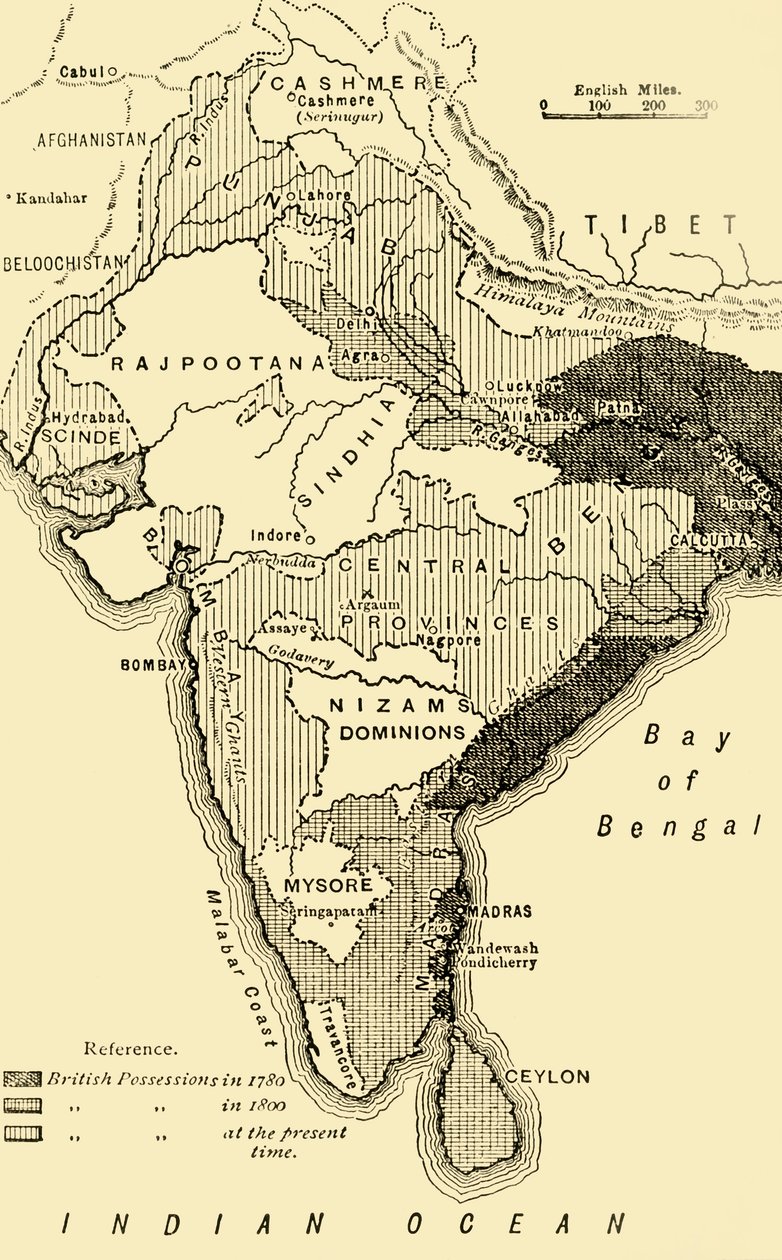 Kart over India, som viser de britiske besittelsene i 1780,1800, og på nåværende tidspunkt, 1890. av Unbekannt