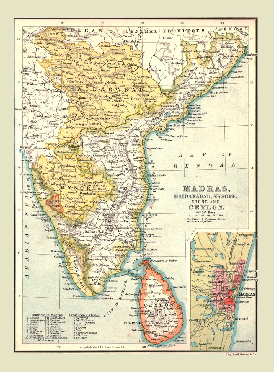 Kart over Madras, Hyderabad, Mysore, Coorg og Ceylon, 1902. av Unbekannt