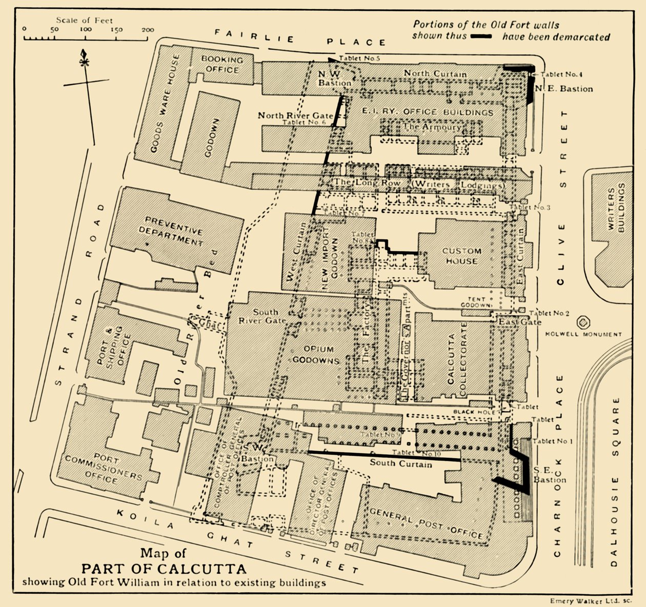 Kart over en del av Calcutta som viser Old Fort William i forhold til eksisterende bygninger, 1925. av Unbekannt