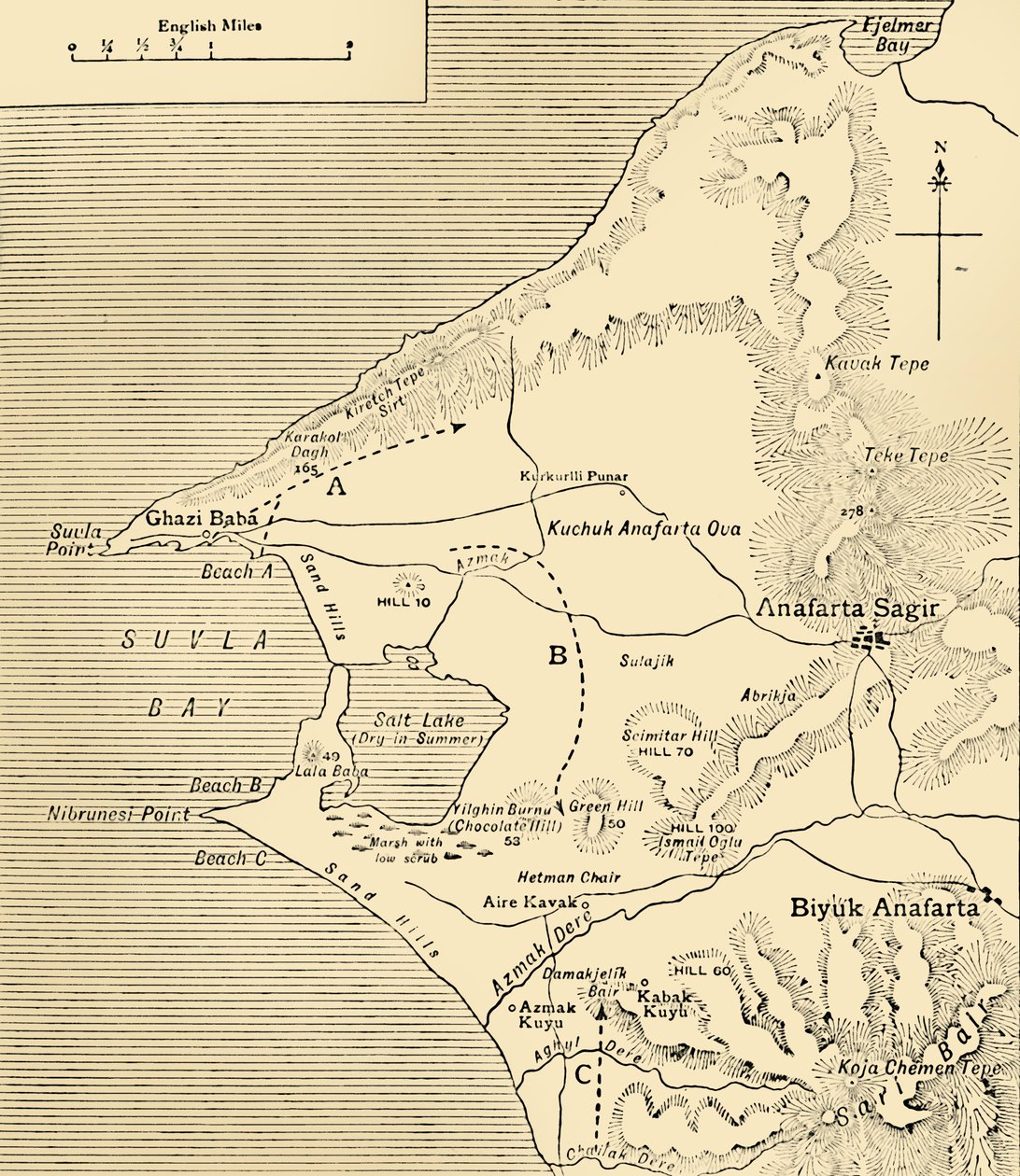 Kart over Suvla Bay, Gallipoli-halvøya, første verdenskrig, 1915, c1920. av Unbekannt