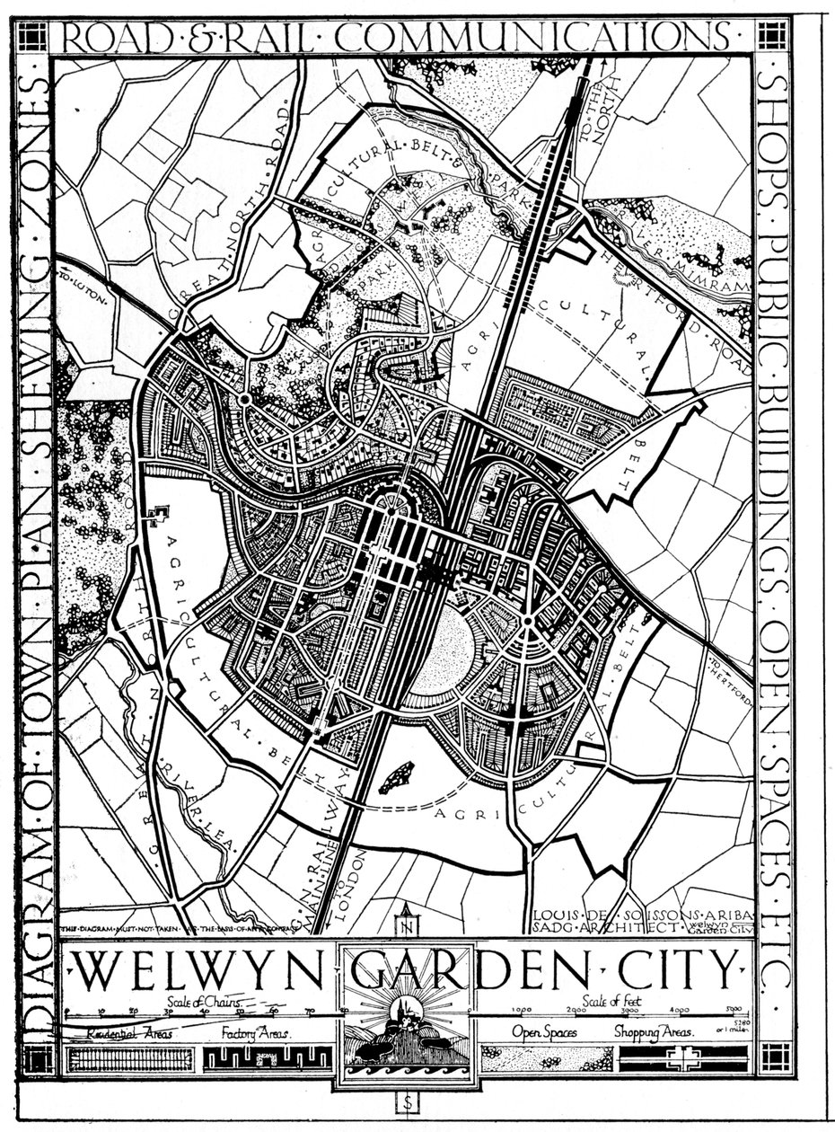 Kart over Welwyn Garden City, Hertfordshire, England, 1926 av Unbekannt