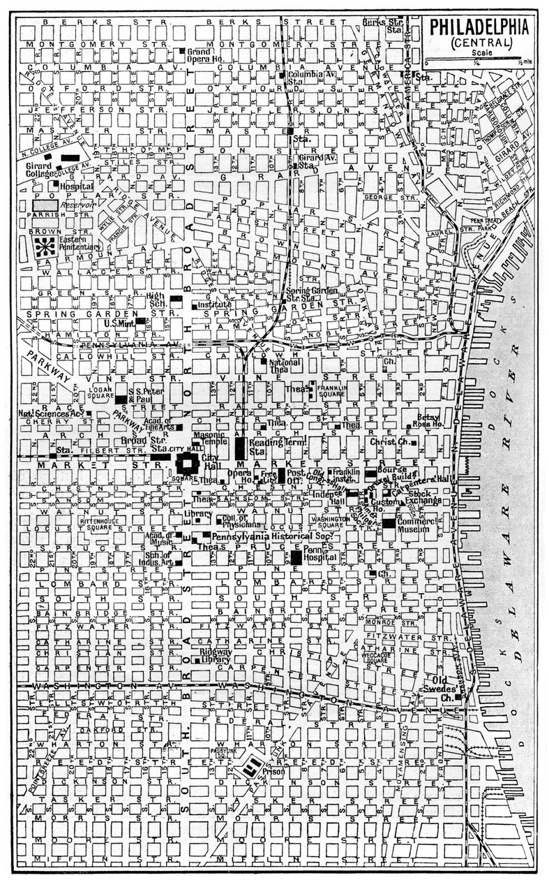 Kart over sentrale Philadelphia, Pennsylvania, USA, ca 1930-tallet av Unbekannt